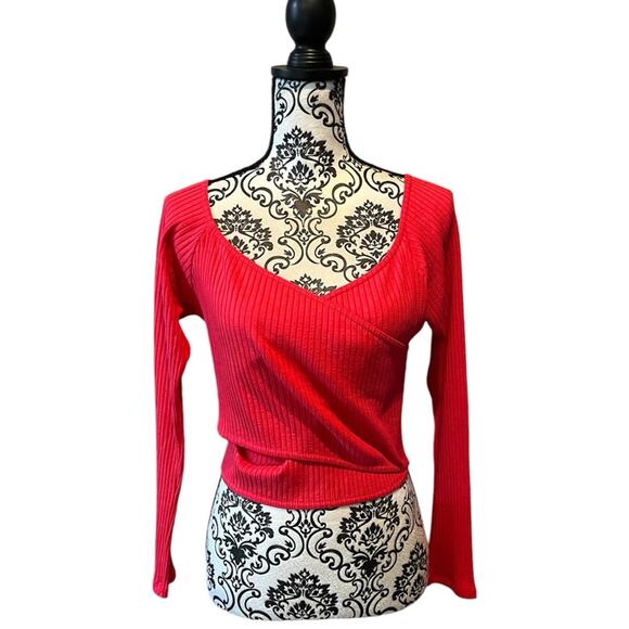Zara Pink Rib V Neck 3/4 Sleeve Cross Over Wrap Style Short Crop Top Size L Used - Picture 1 of 10
